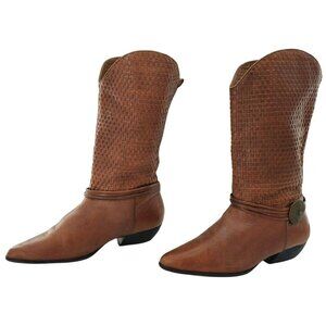 Vintage Lord & Taylor Brown Woven Leather Boots 7.5 Boho Western Brazil Mid Calf